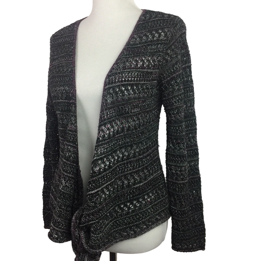 Womens Cardigan Open Weave Knit Tie‎ Front USA Purple Gray A2 Armand & Alba